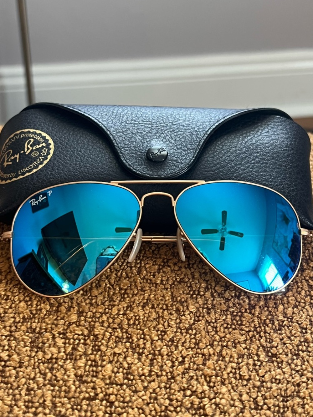 Ray-Ban Gold Frame Sunglasses with Blue Mirrored Lenses